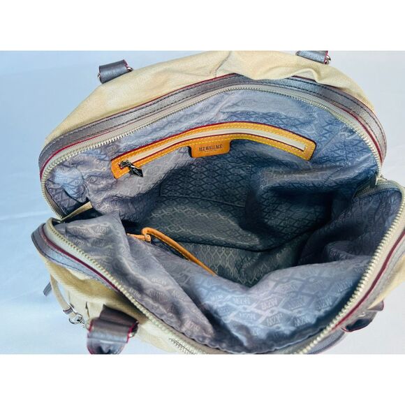 MZ Wallace Jane Glazed Linen Beige Satchel Leather Handles Pockets Large Capac - Picture 7 of 11